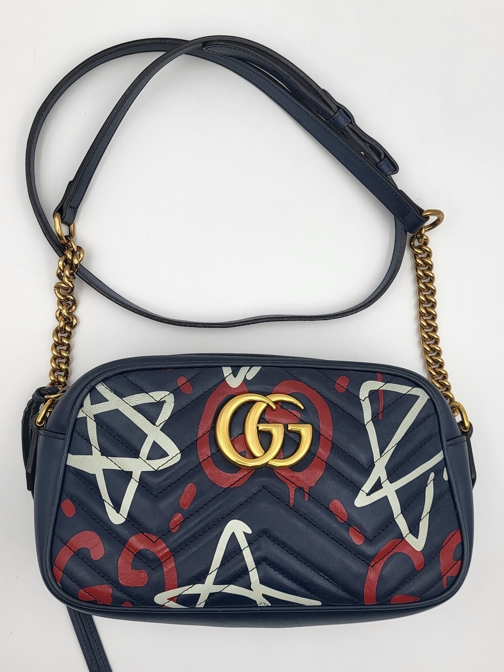 GUCCI Blue Ghost Print Quilted Leather Marmont Metalasse Bag, Authentic w/COA.